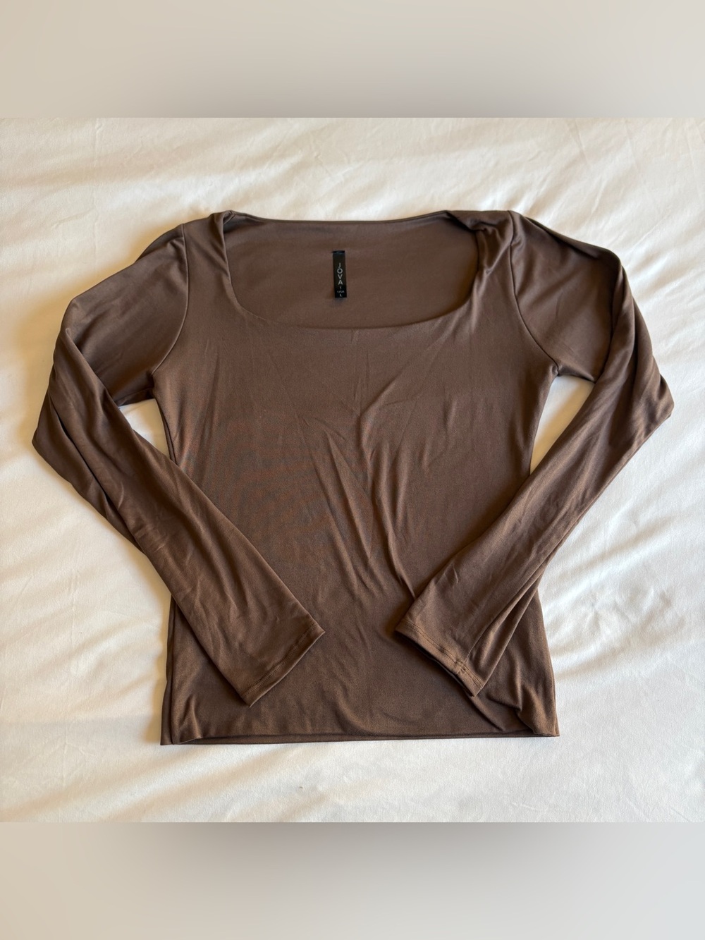 Jova Light Brown Buttery Soft Double Layered Square Neck Long Sleeve Top Basics